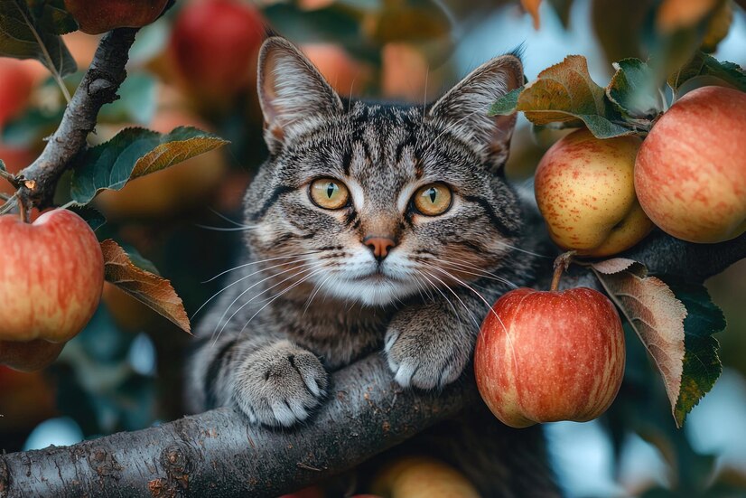 cat sitting tree branch with apples