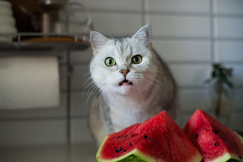 funny kitten eating watermelon