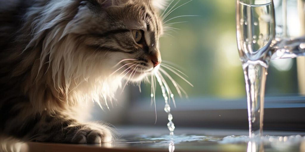 house cat drinks from unique water dispenser