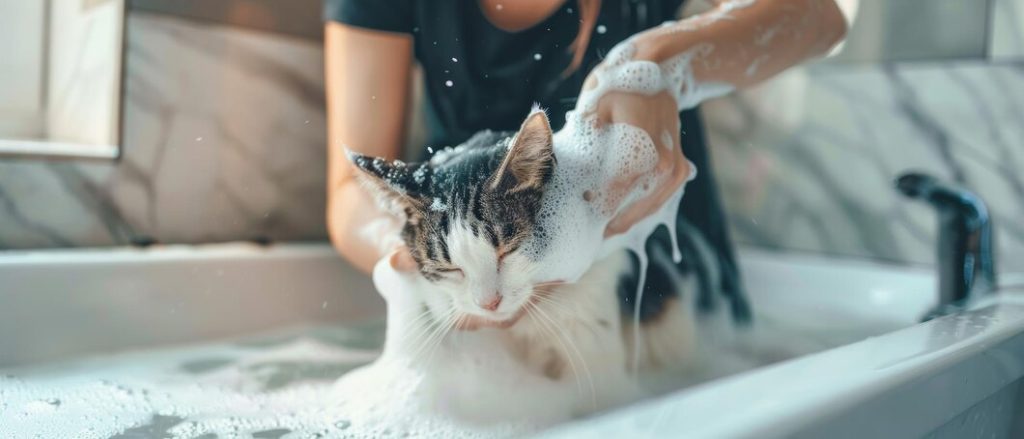 woman washing her cat bathtub photorealistic natural light